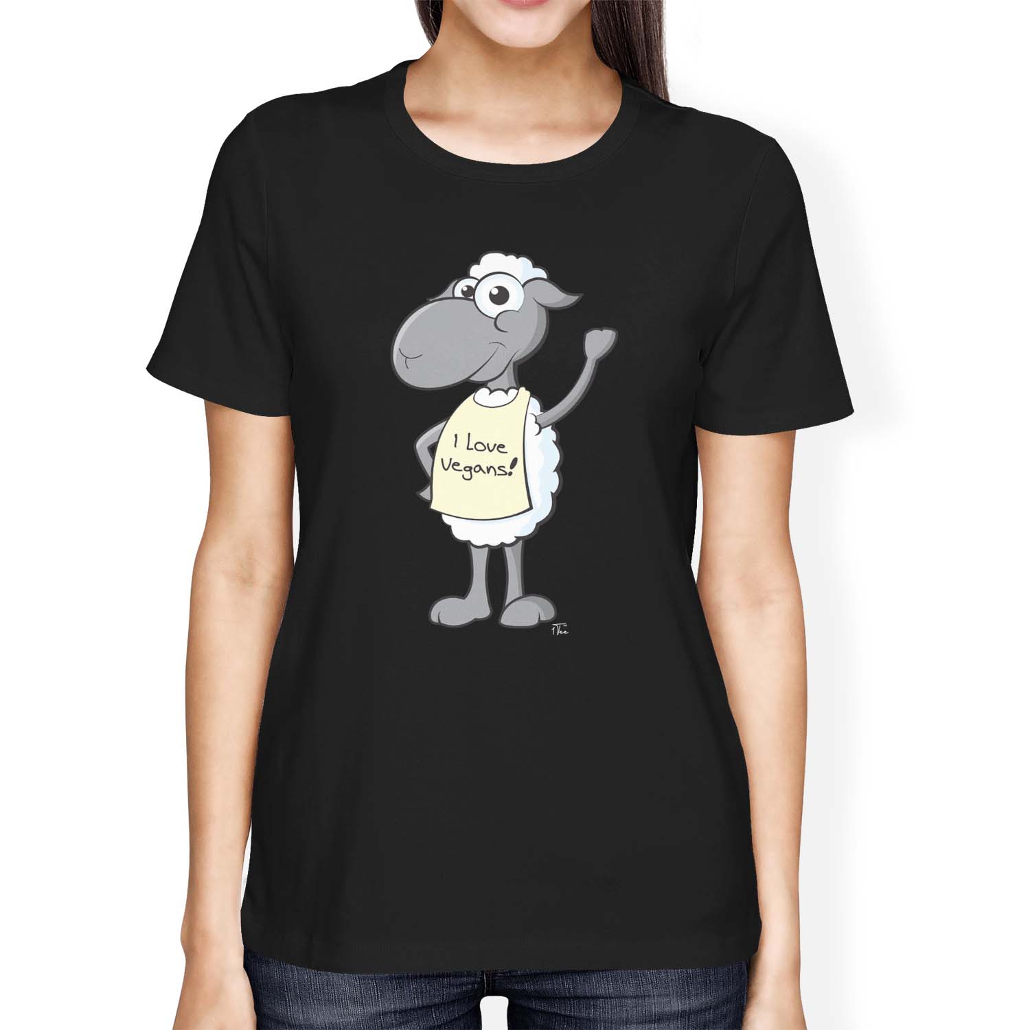 1Tee Womens Loose Fit I Love Vegans, Waving Sheep Character T-Shirt