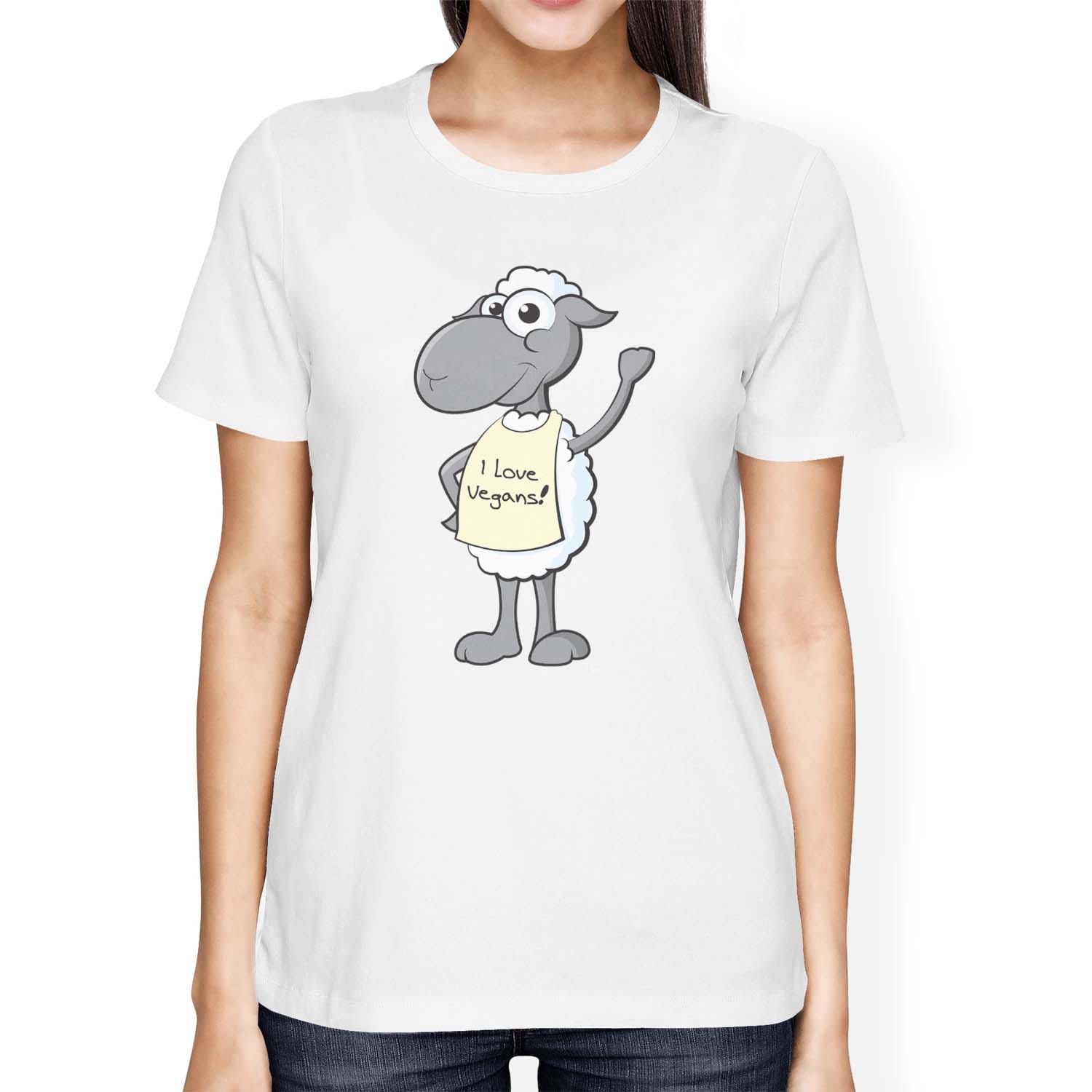 1Tee Womens Loose Fit I Love Vegans, Waving Sheep Character T-Shirt