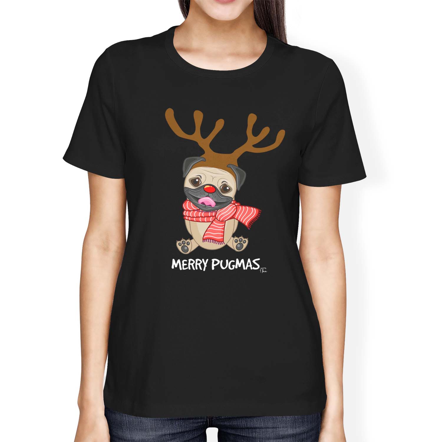 Camiseta 1Tee Mujer Calce Suelto Feliz Pugmas Navidad Pug Reno Cuernos - Imagen 6 de 15