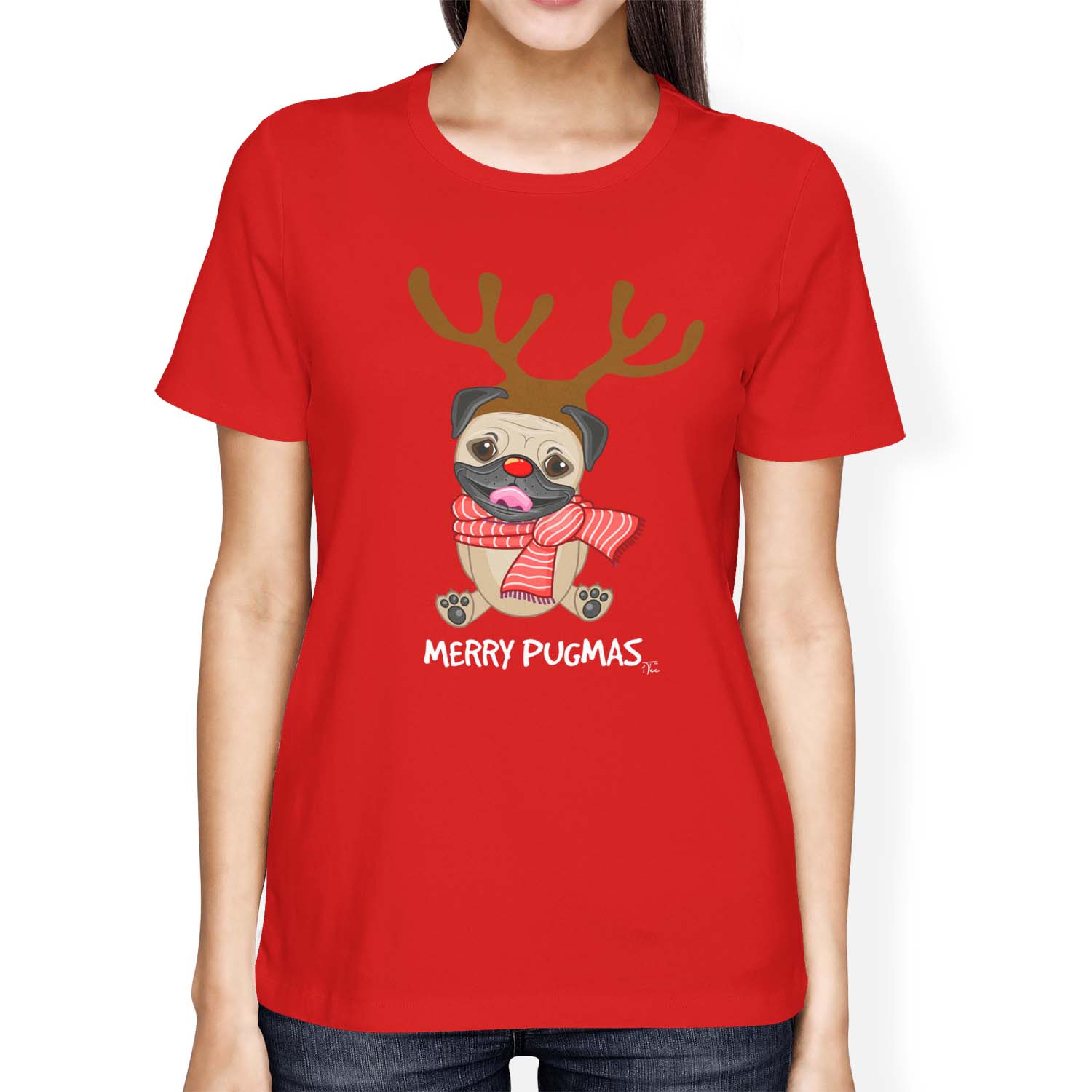 Camiseta 1Tee Mujer Calce Suelto Feliz Pugmas Navidad Pug Reno Cuernos - Imagen 11 de 15