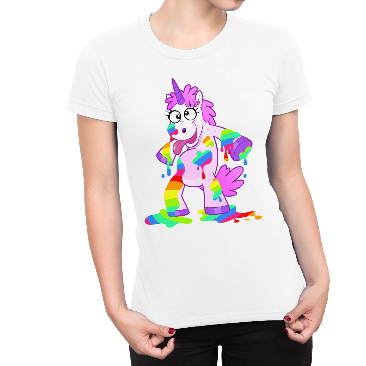 1Tee Womens Loose Fit Drunk Unicorn Covered in Rainbow Juice T-Shirt