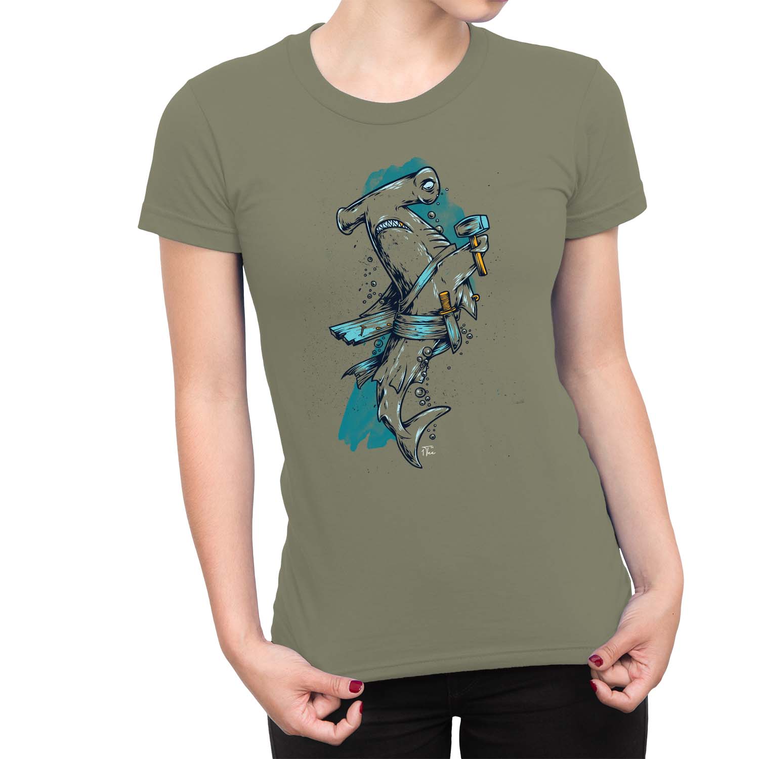 1Tee Damen T-Shirt Hammerhai hält Hammer - Bild 11 von 25