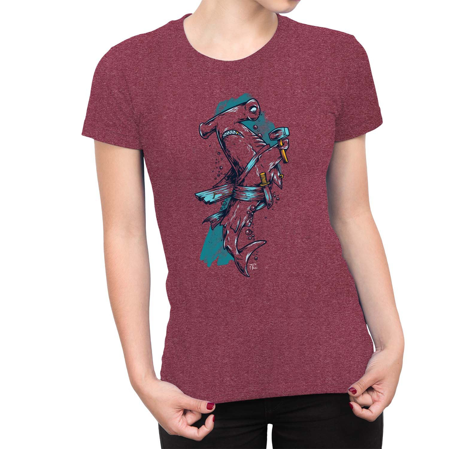 1Tee Damen T-Shirt Hammerhai hält Hammer - Bild 6 von 25
