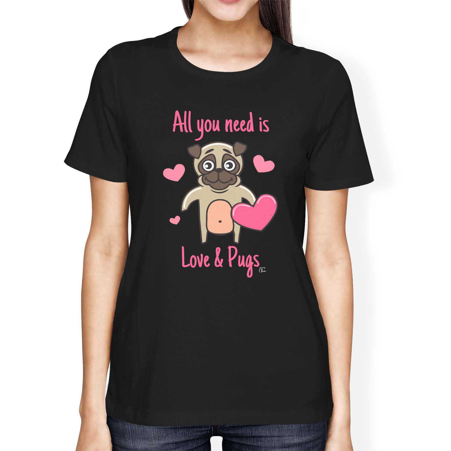 1Tee Damen T-Shirt Loose Fit All You Need Is Love and Pugs Hund - Bild 6 von 15
