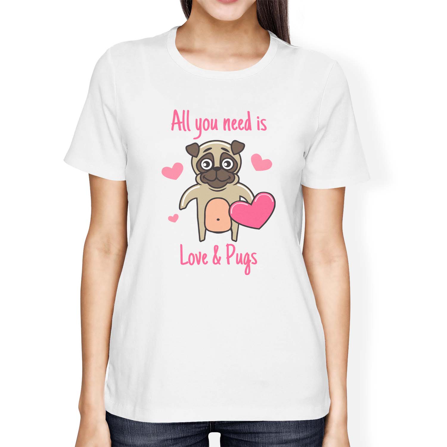 1Tee Damen T-Shirt Loose Fit All You Need Is Love and Pugs Hund - Bild 11 von 15