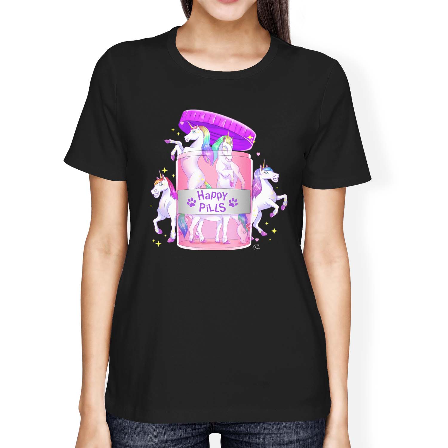 1Tee Womens Loose Fit Unicorn Happy Pills T-Shirt