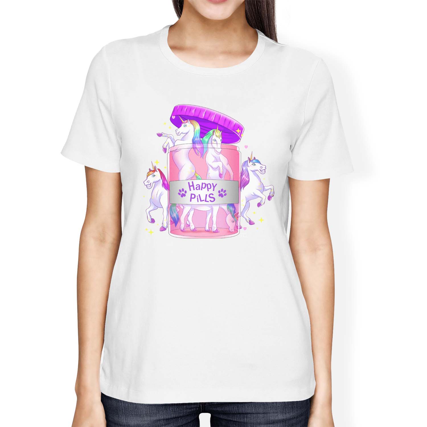 1Tee Womens Loose Fit Unicorn Happy Pills T-Shirt