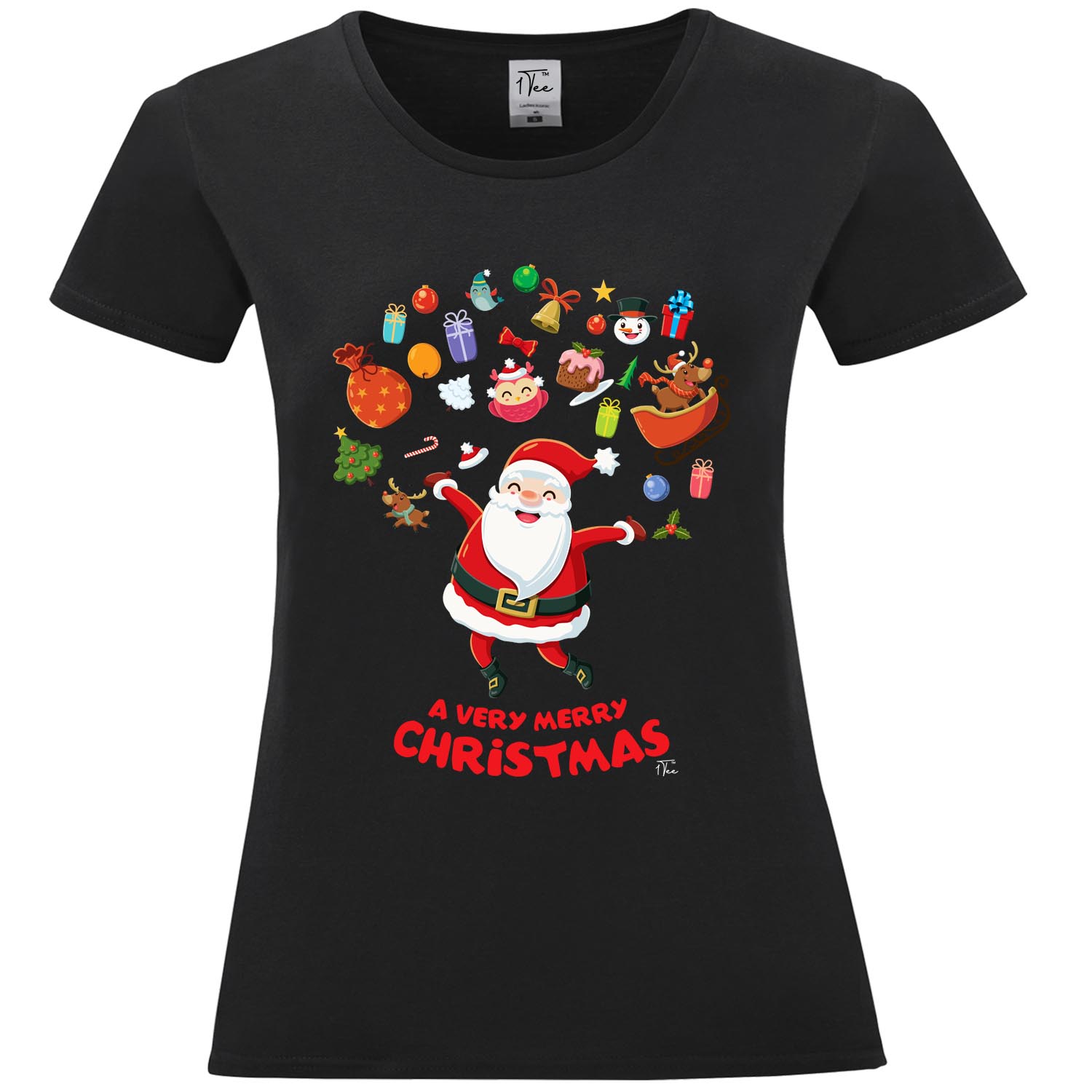 Camiseta 1Tee Mujer Feliz Navidad Papá Noel Rodeada de Favoritos - Imagen 7 de 25