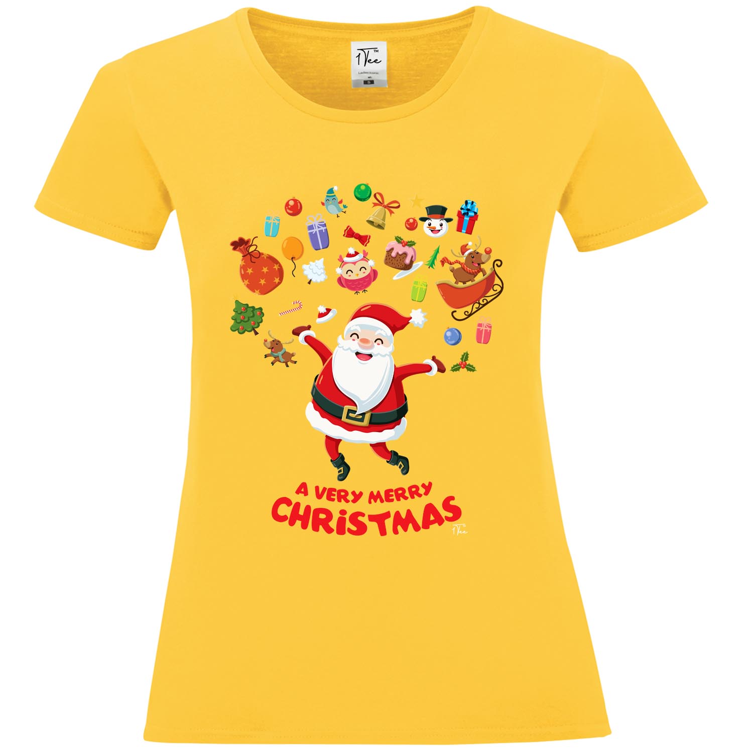 Camiseta 1Tee Mujer Feliz Navidad Papá Noel Rodeada de Favoritos - Imagen 22 de 25