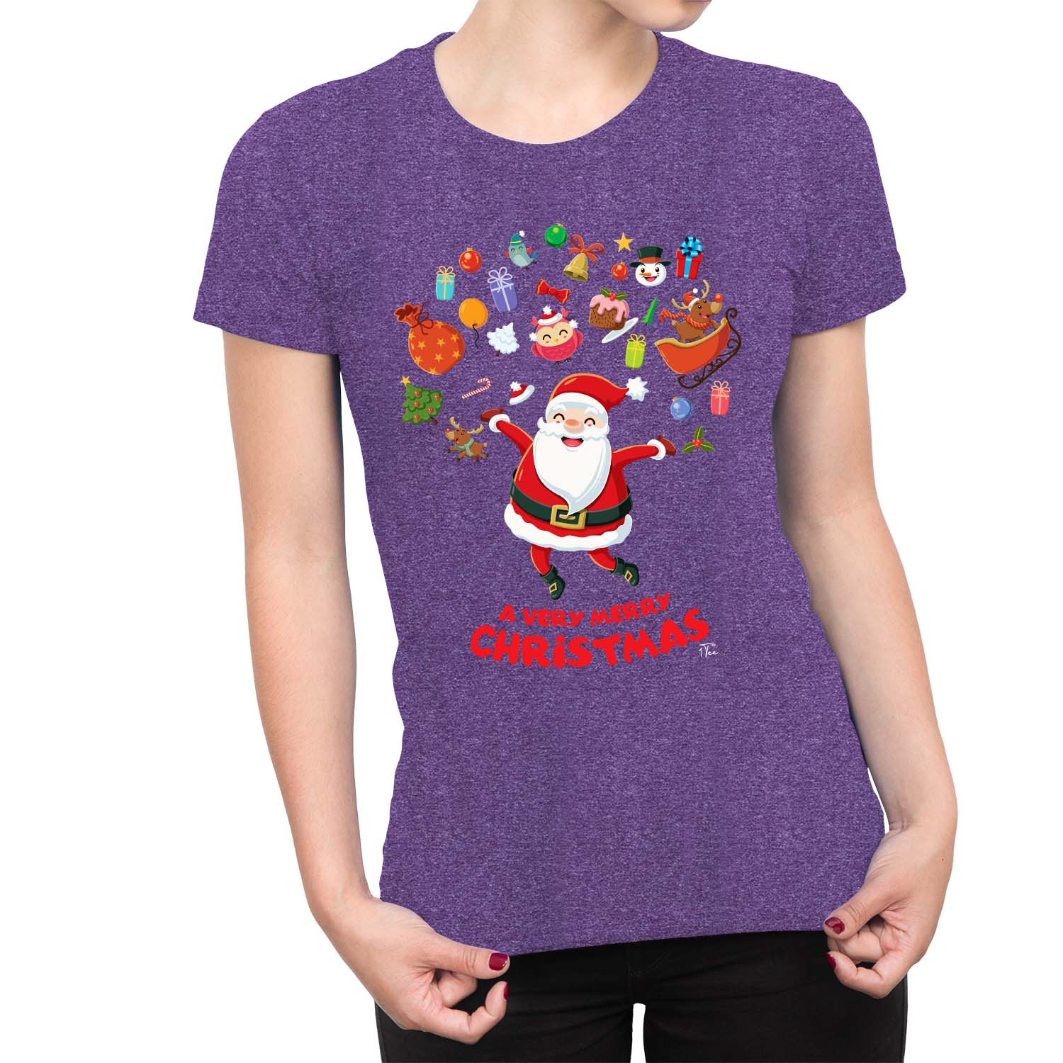 Camiseta 1Tee Mujer Feliz Navidad Papá Noel Rodeada de Favoritos - Imagen 11 de 25