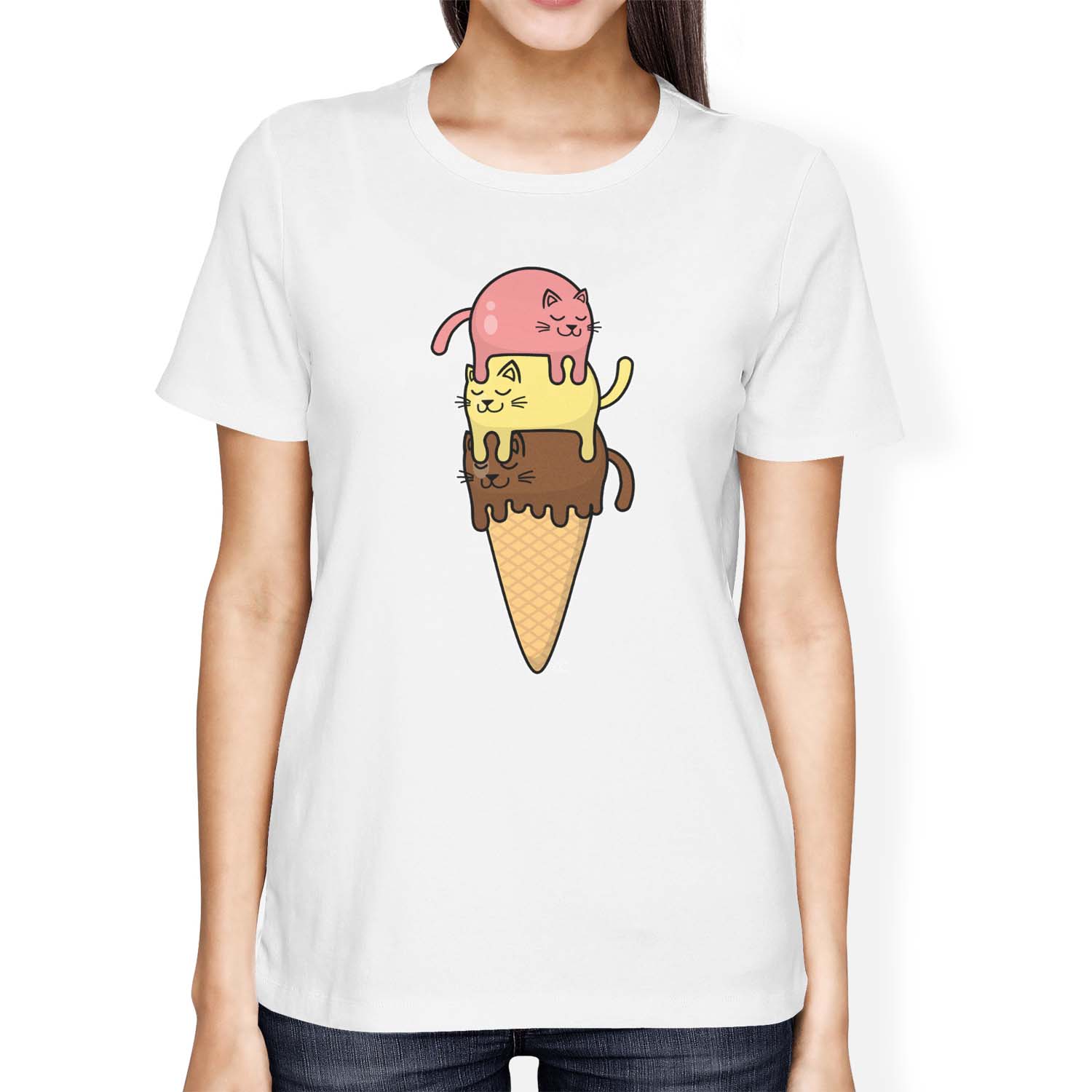 1Tee Damen Loose Fit Katzen Stacked on Ice Cream Cone T-Shirt - Bild 11 von 15