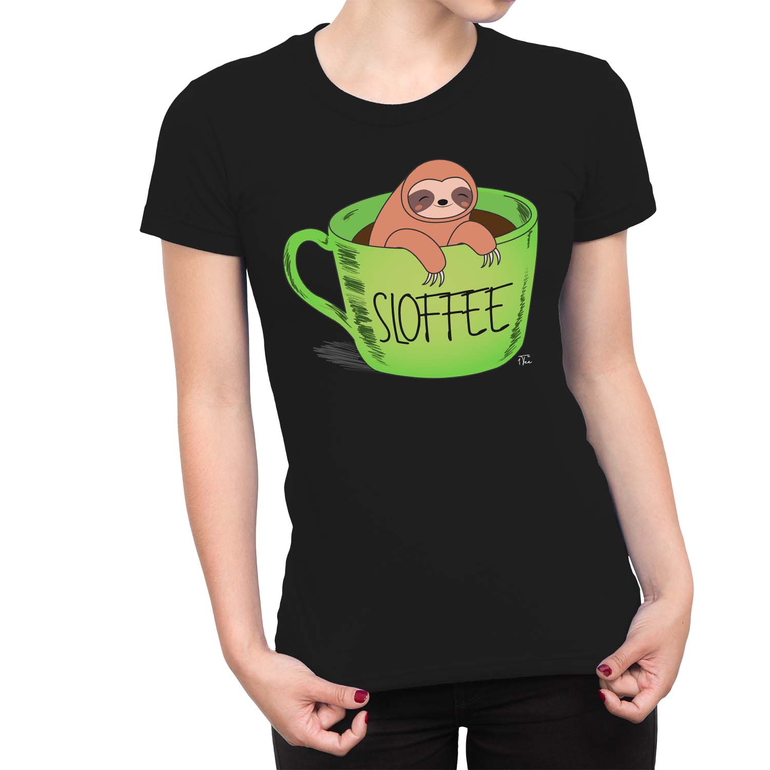 1Tee Damen Sloffee Faultier Kaffee T-Shirt - Bild 6 von 20