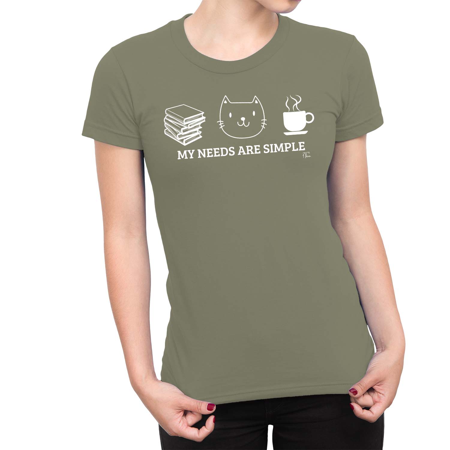 1Tee Womens My Needs Are Simple,Book, Cat,Coffee T-Shirt