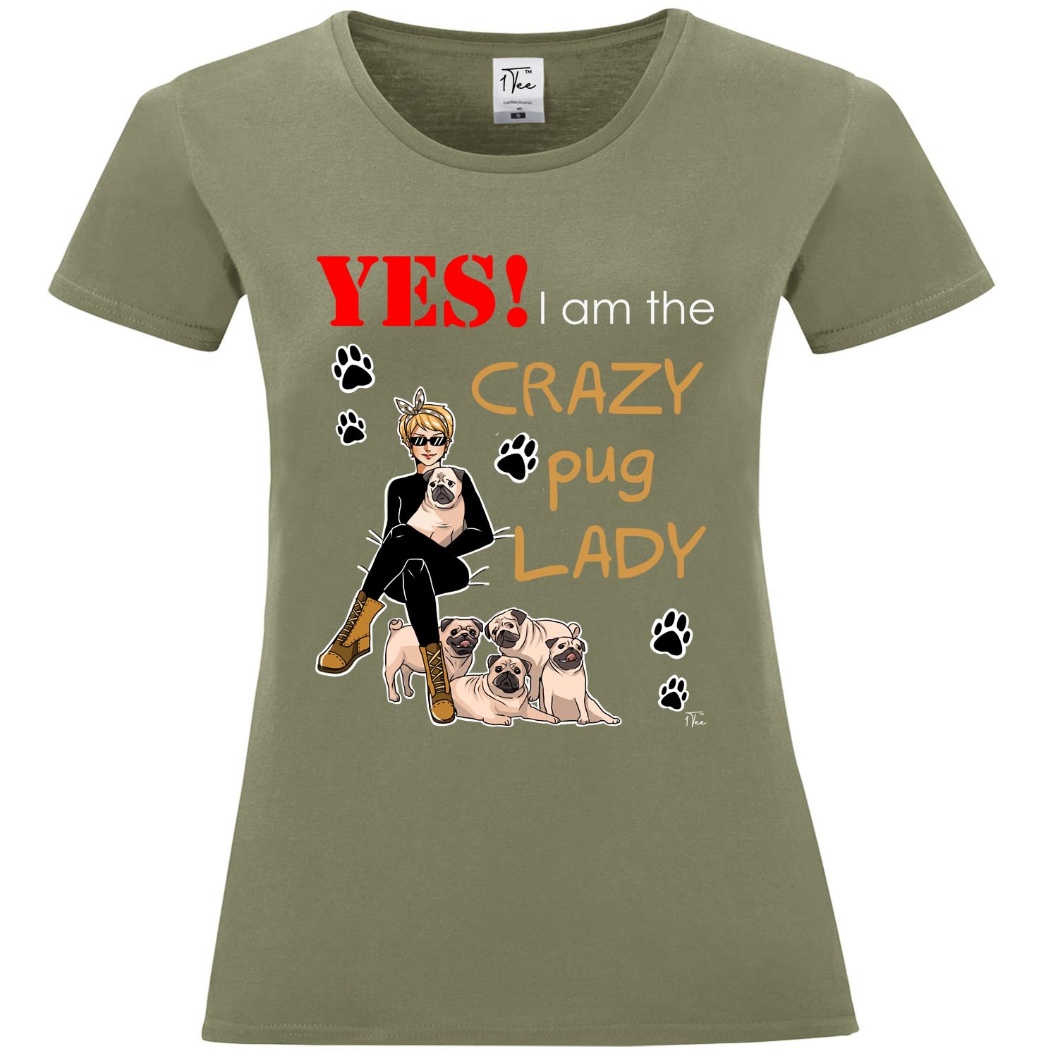 1Tee Womens Loose Fit Crazy Pug Lady T-Shirt 