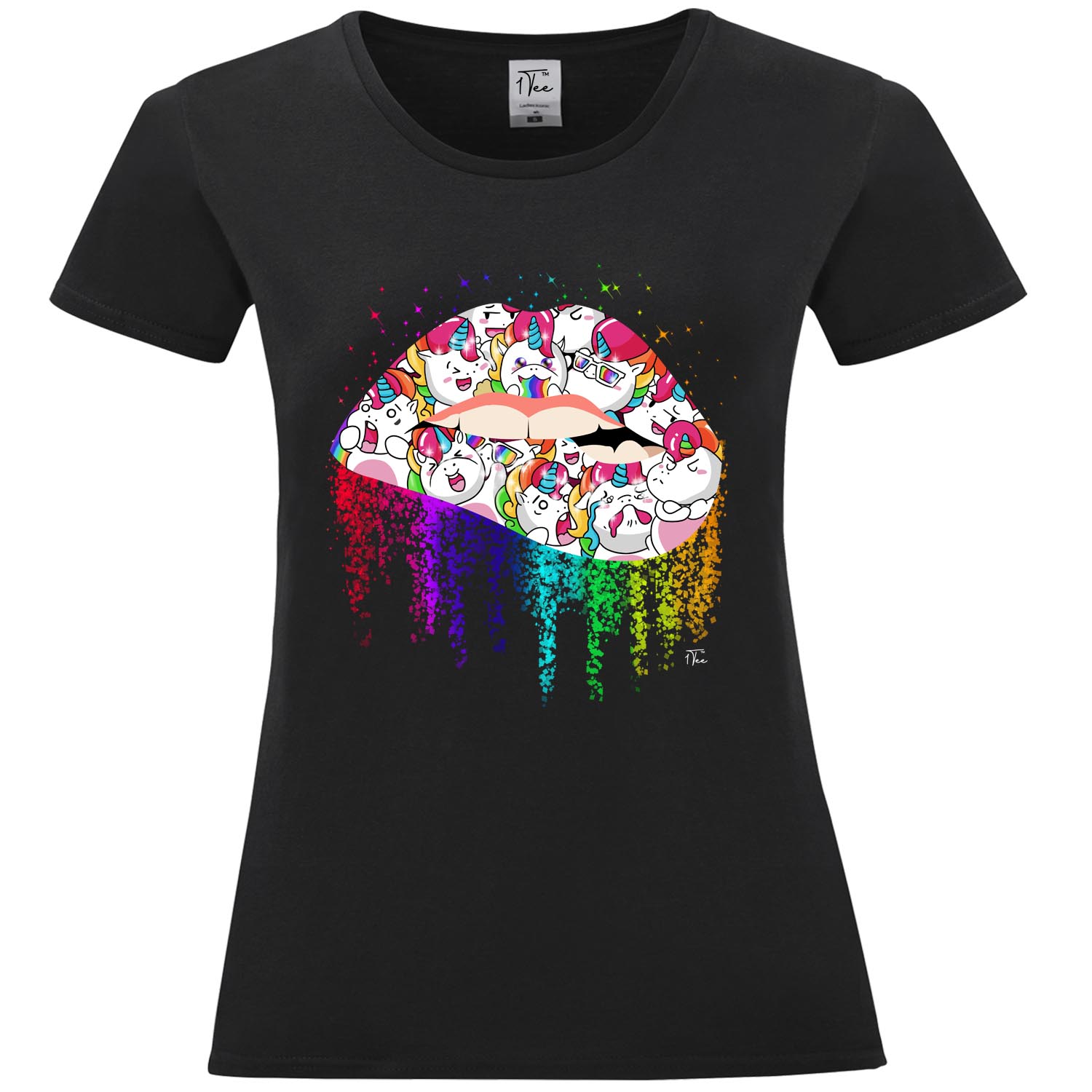 1Tee Damen T-Shirt Biting Lip Unicorn Lippenstift - Bild 7 von 15