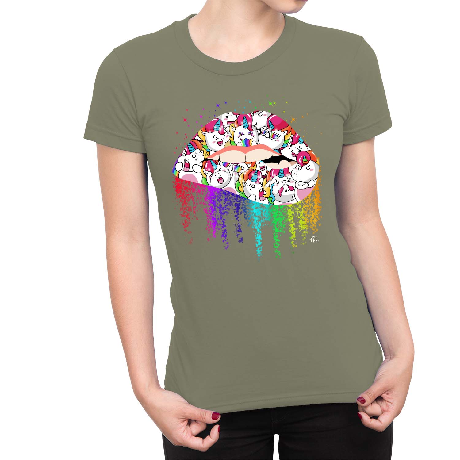 1Tee Damen T-Shirt Biting Lip Unicorn Lippenstift - Bild 11 von 15