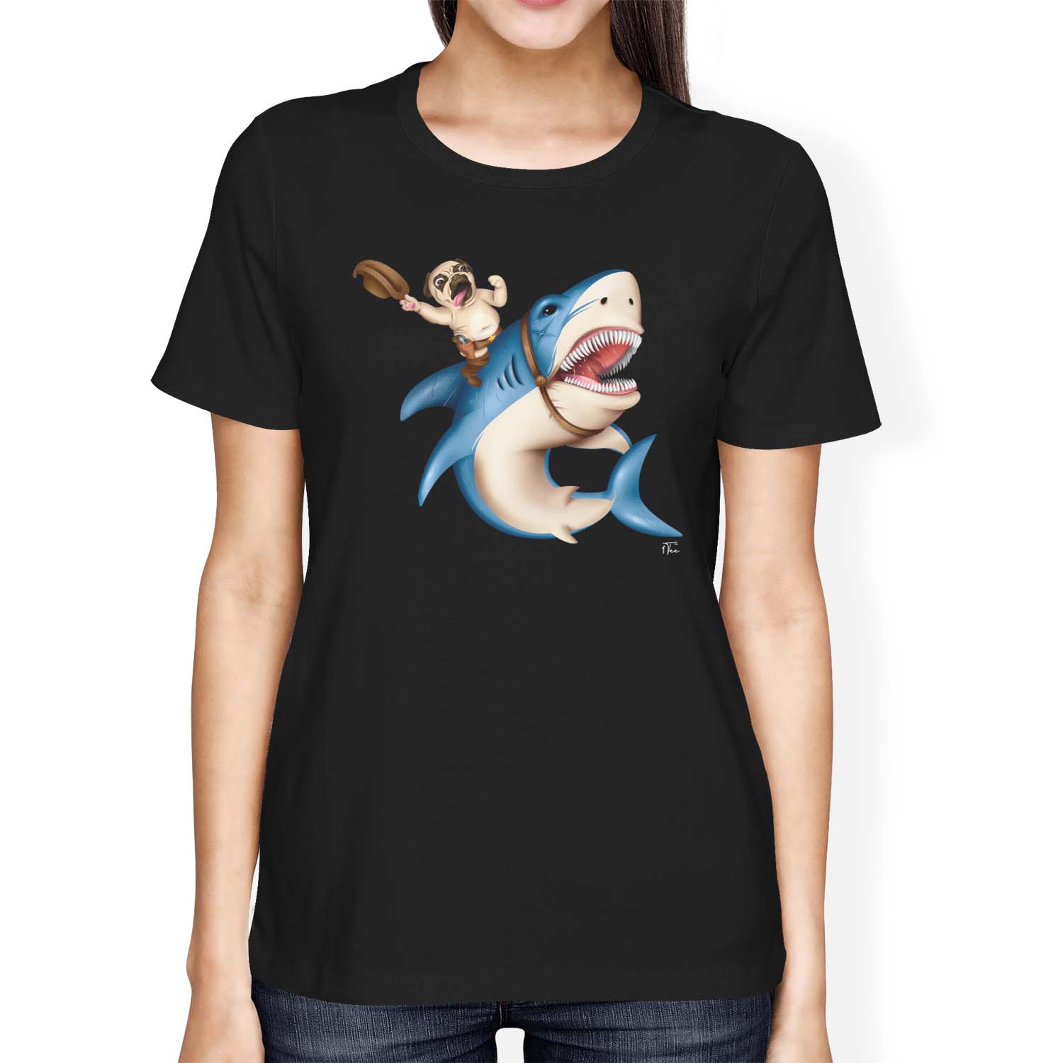 Camiseta 1Tee Mujer Calce Suelto Vaquero Pug Montar Tiburón - Imagen 6 de 20