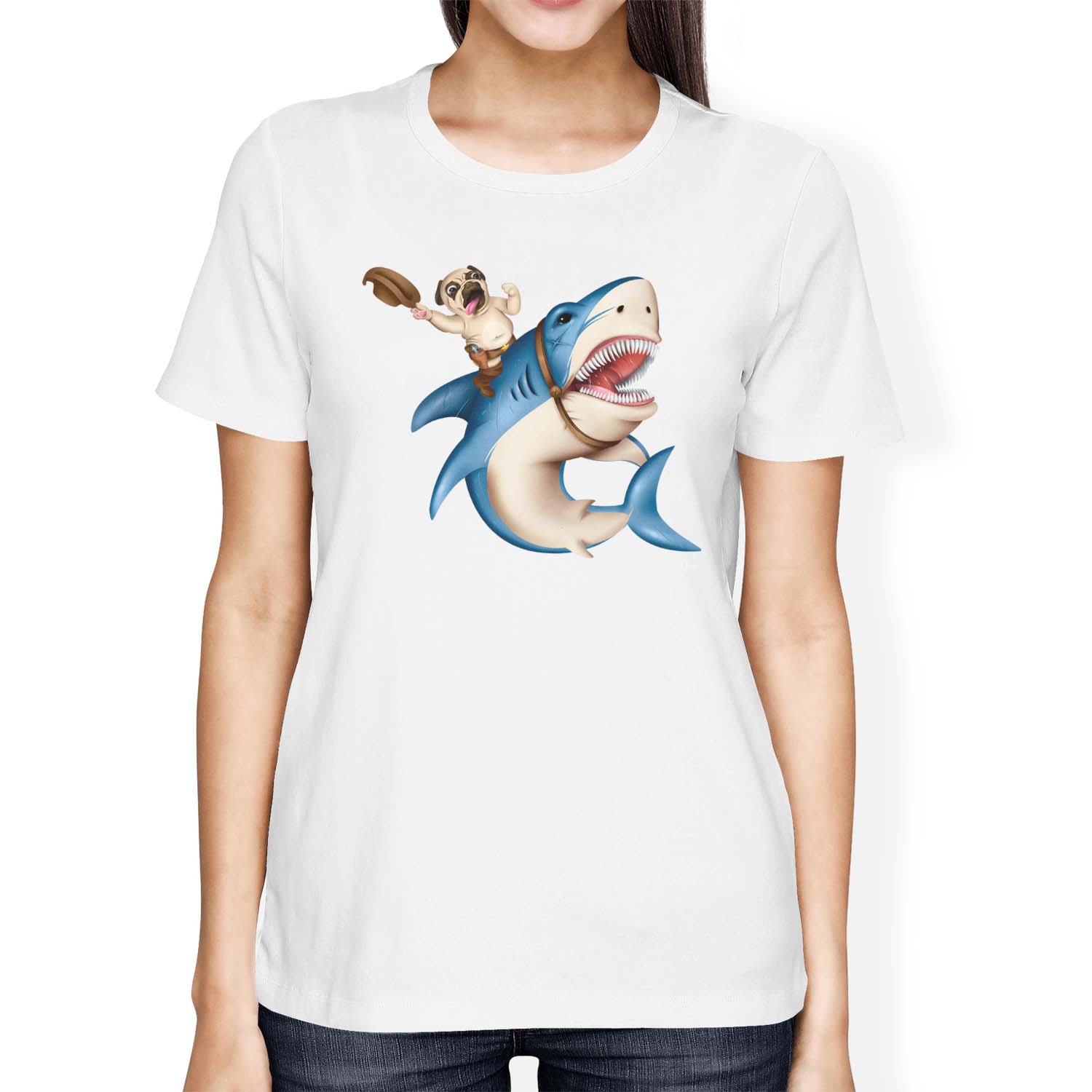 Camiseta 1Tee Mujer Calce Suelto Vaquero Pug Montar Tiburón - Imagen 16 de 20