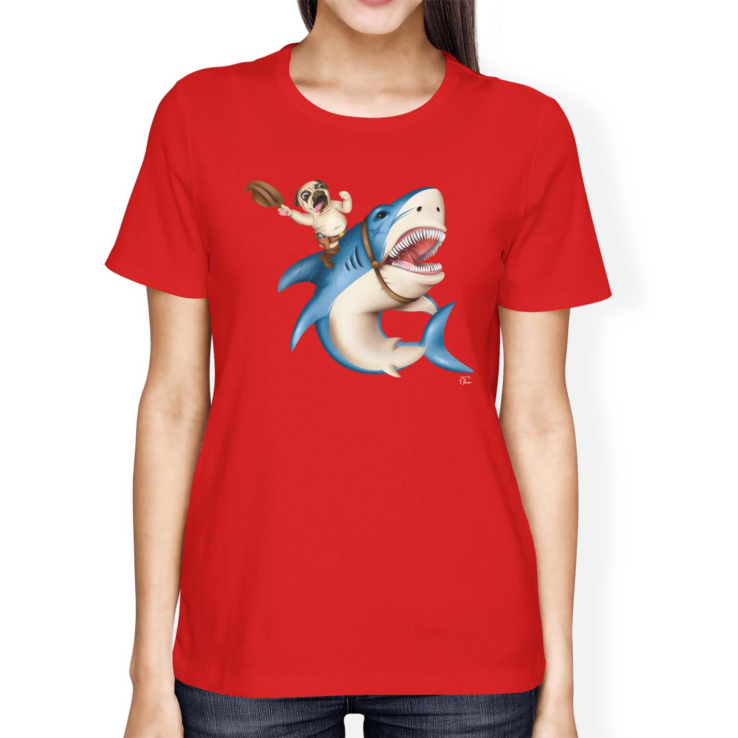 Camiseta 1Tee Mujer Calce Suelto Vaquero Pug Montar Tiburón - Imagen 11 de 20