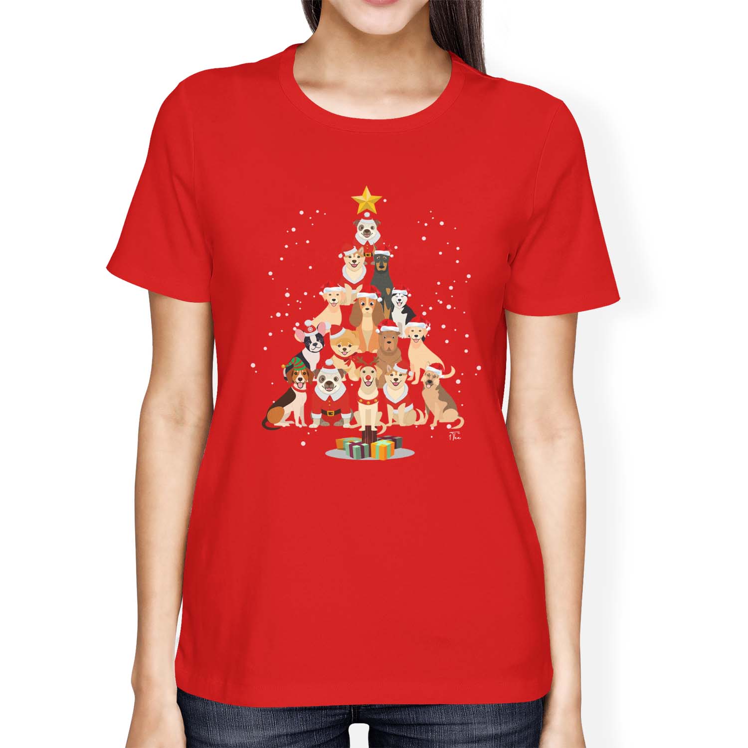 1Tee Damen T-Shirt Loose Fit Hund Weihnachtsbaum - Bild 11 von 15