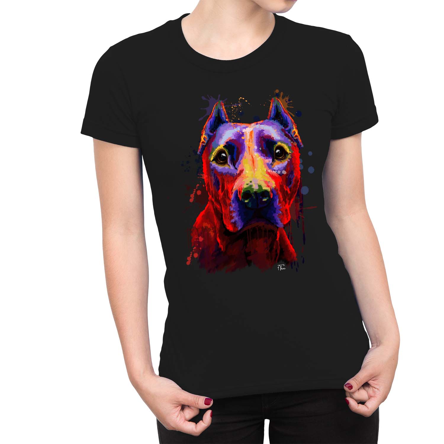 1Tee Damen Aquarell Splash Pit Bull Hund T-Shirt - Bild 6 von 15