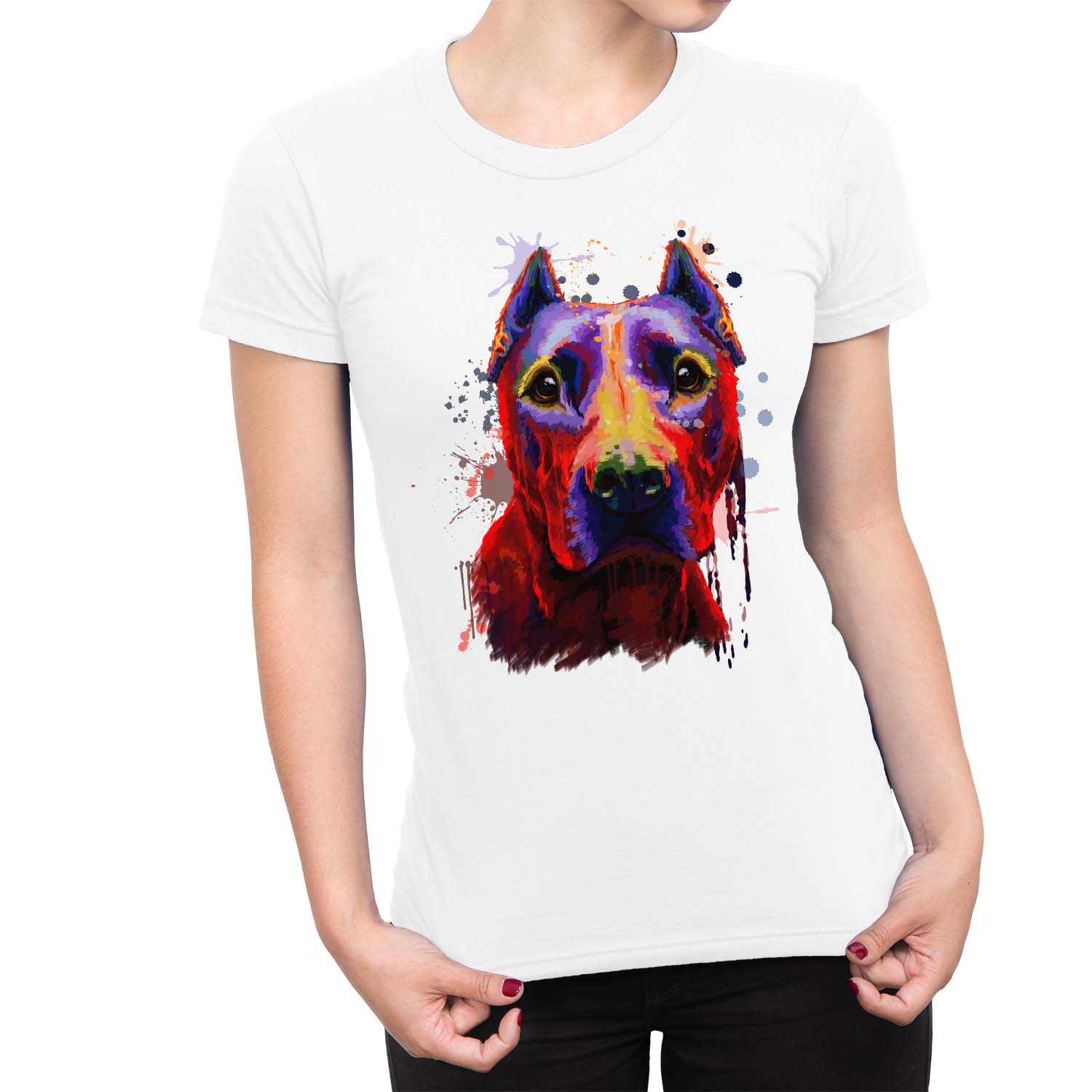 1Tee Damen Aquarell Splash Pit Bull Hund T-Shirt - Bild 11 von 15