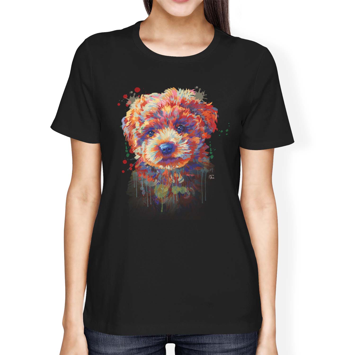 1Tee Womens Loose Fit Painted Abstract Puppy Dog  T-Shirt